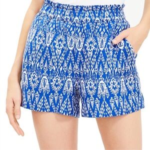 NWT LOFT Linen Blend Pull On Shorts Blue White Print Pockets